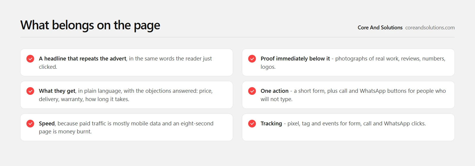Six things an advertising landing page needs: a matching headline, proof, plain terms, one action, speed and tracking