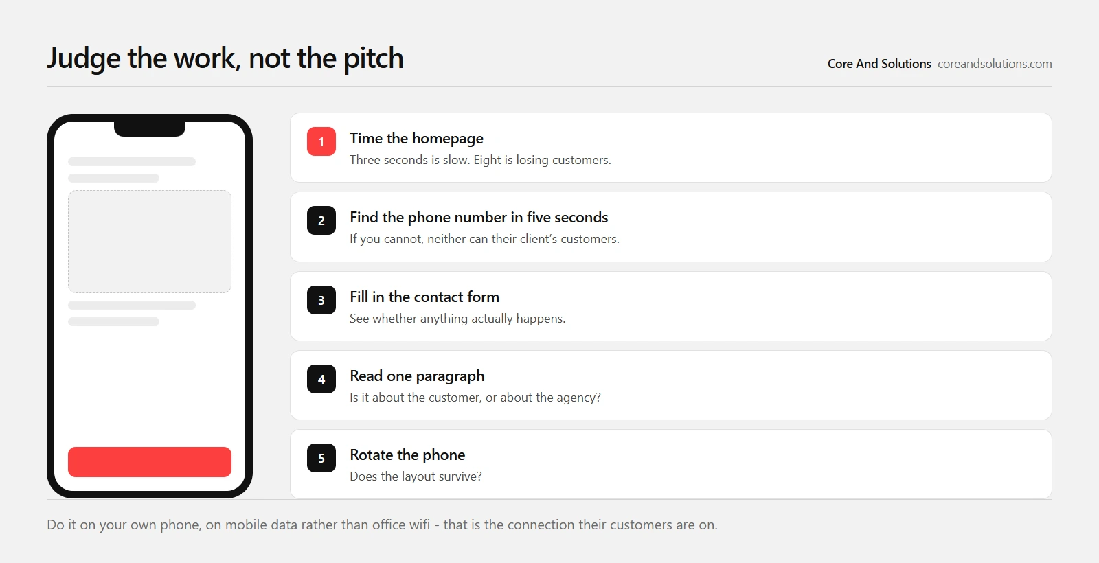 Five checks to run on a web design company's live work, using your own phone on mobile data