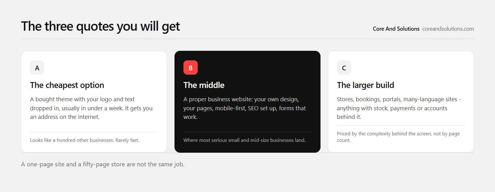 The three kinds of website quote offered in Pakistan: a bought theme, a proper business website, and a larger build