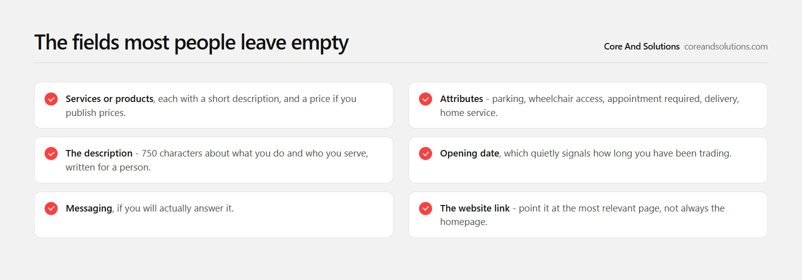 Six Google Business Profile fields that are usually skipped: services, attributes, description, opening date, messaging and the website link