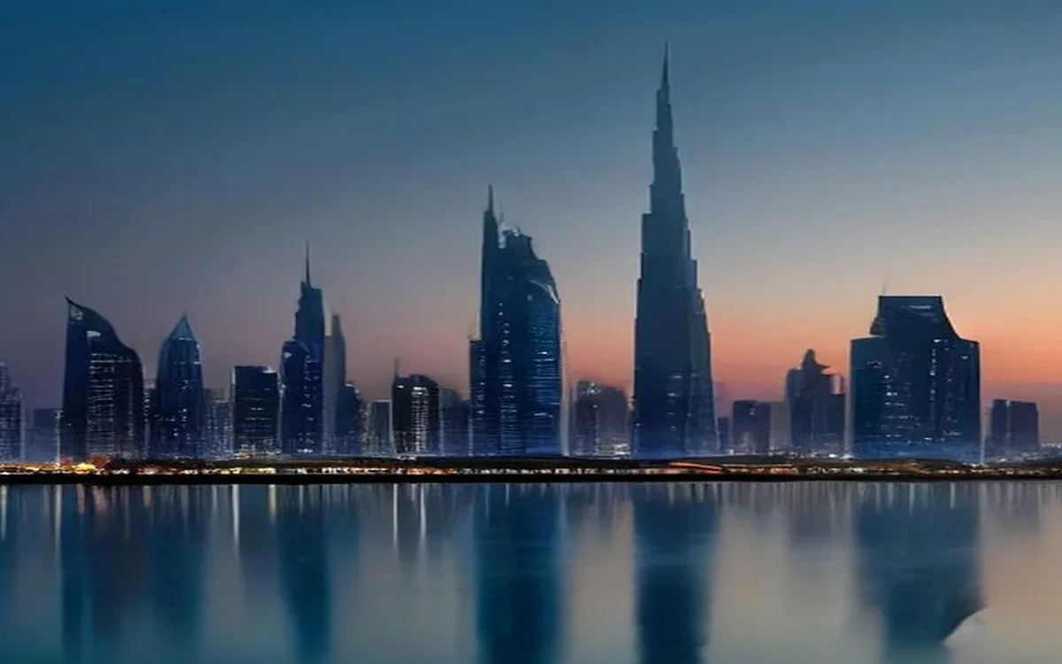 The Dubai skyline at dusk seen across the water