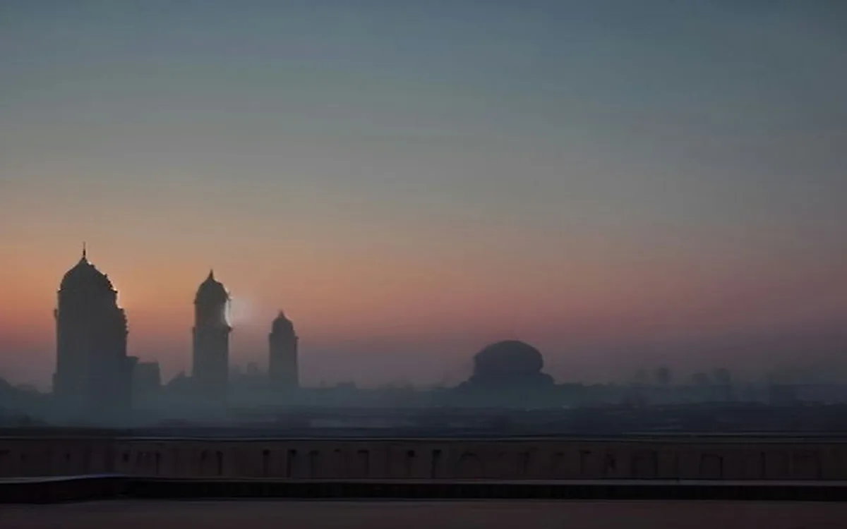 The Lahore skyline at dusk, domes and minarets in warm haze