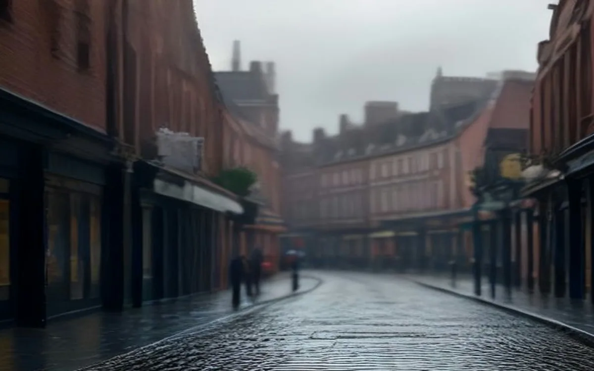 A London street of Victorian brick shopfronts on an overcast morning