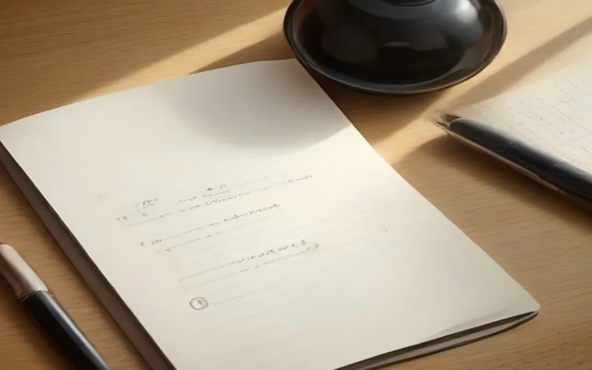 A calculator, a pen and an open notebook on a wooden desk, seen from above