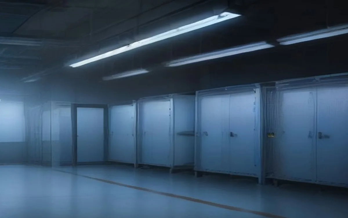 Rows of server cabinets in a dark data centre under cold strip lighting