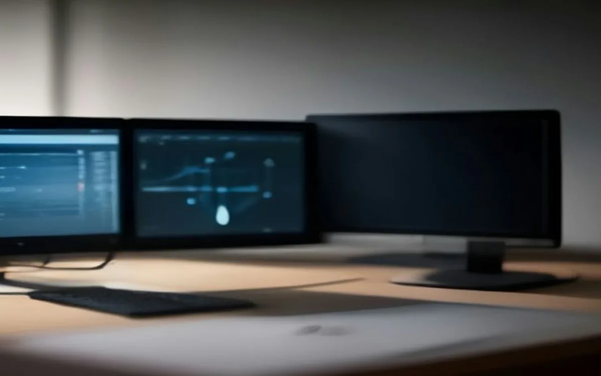 A monitor showing soft out-of-focus charts on a desk at night