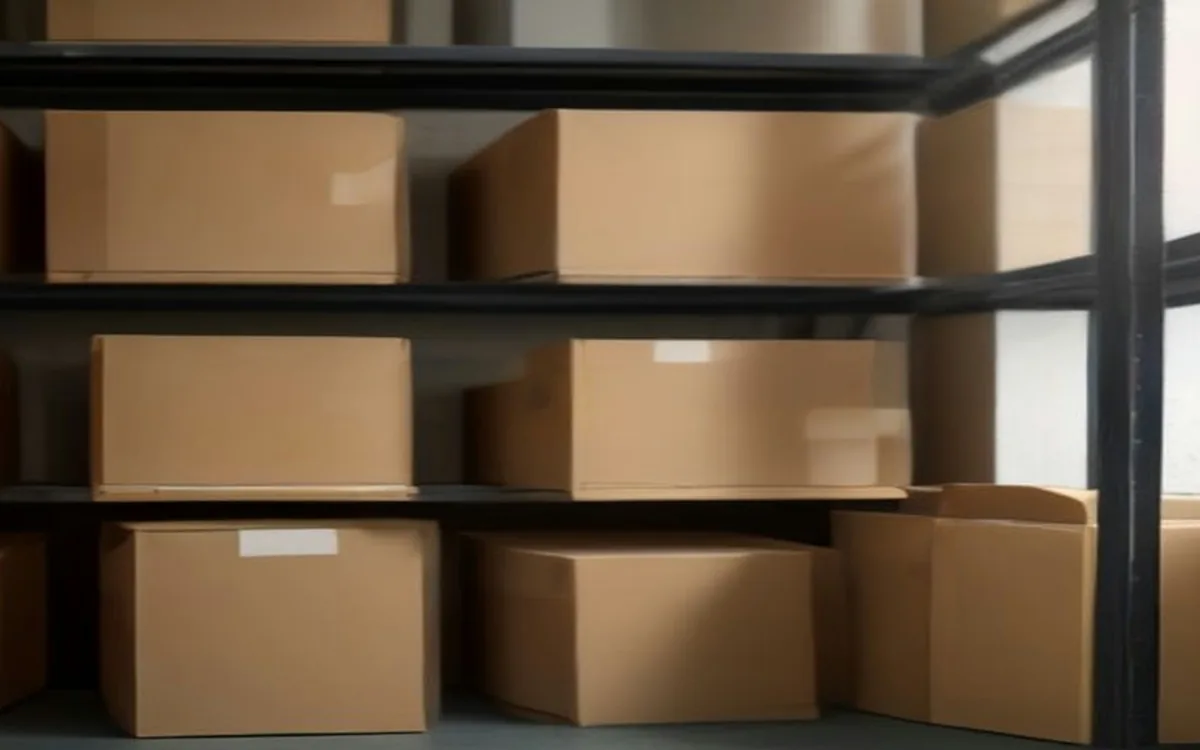 Stacked cardboard parcels in a small shop storeroom