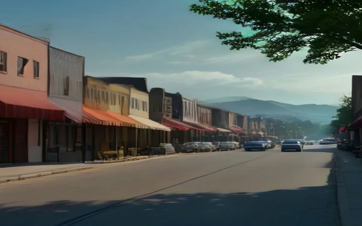 An American main street of independent storefronts in early morning sun