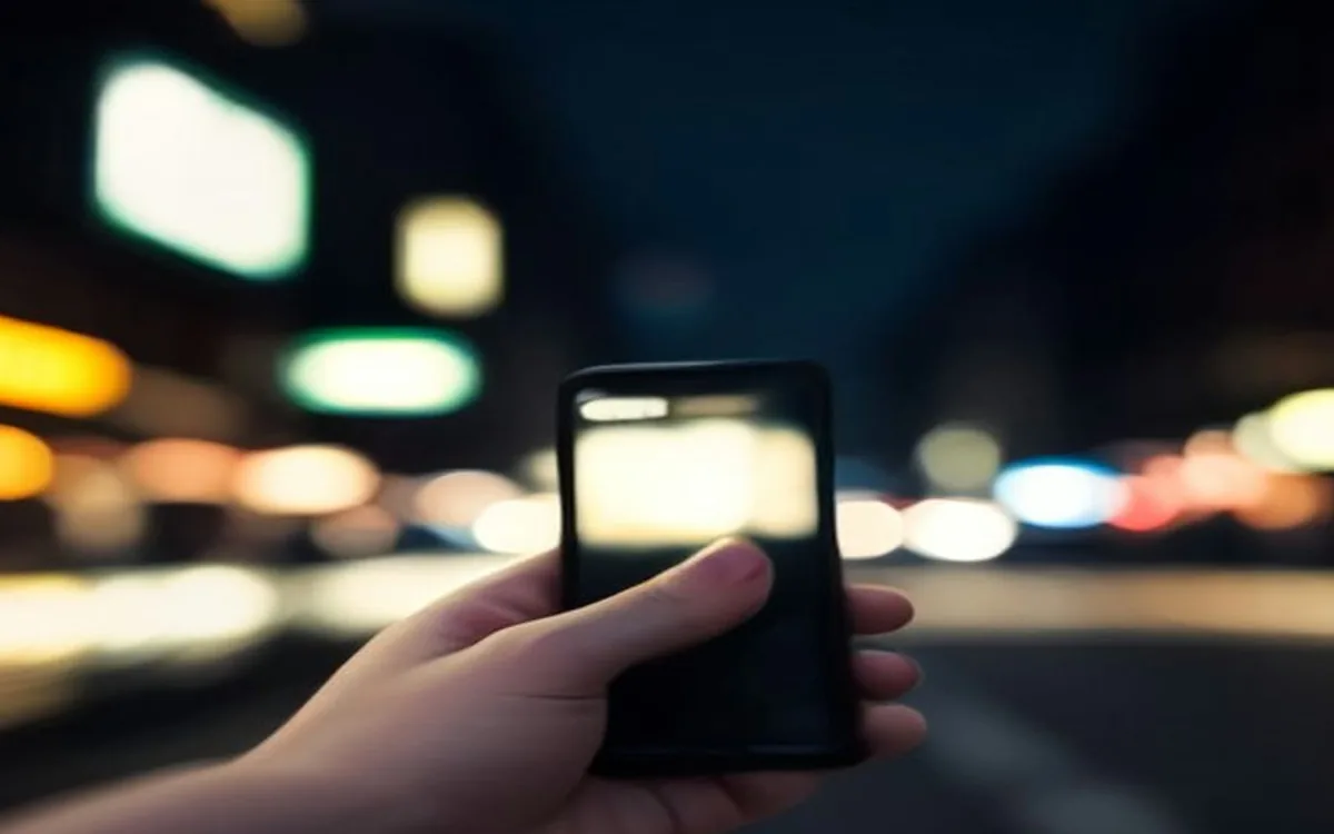 A hand holding a phone on a busy city street at evening, traffic blurred behind