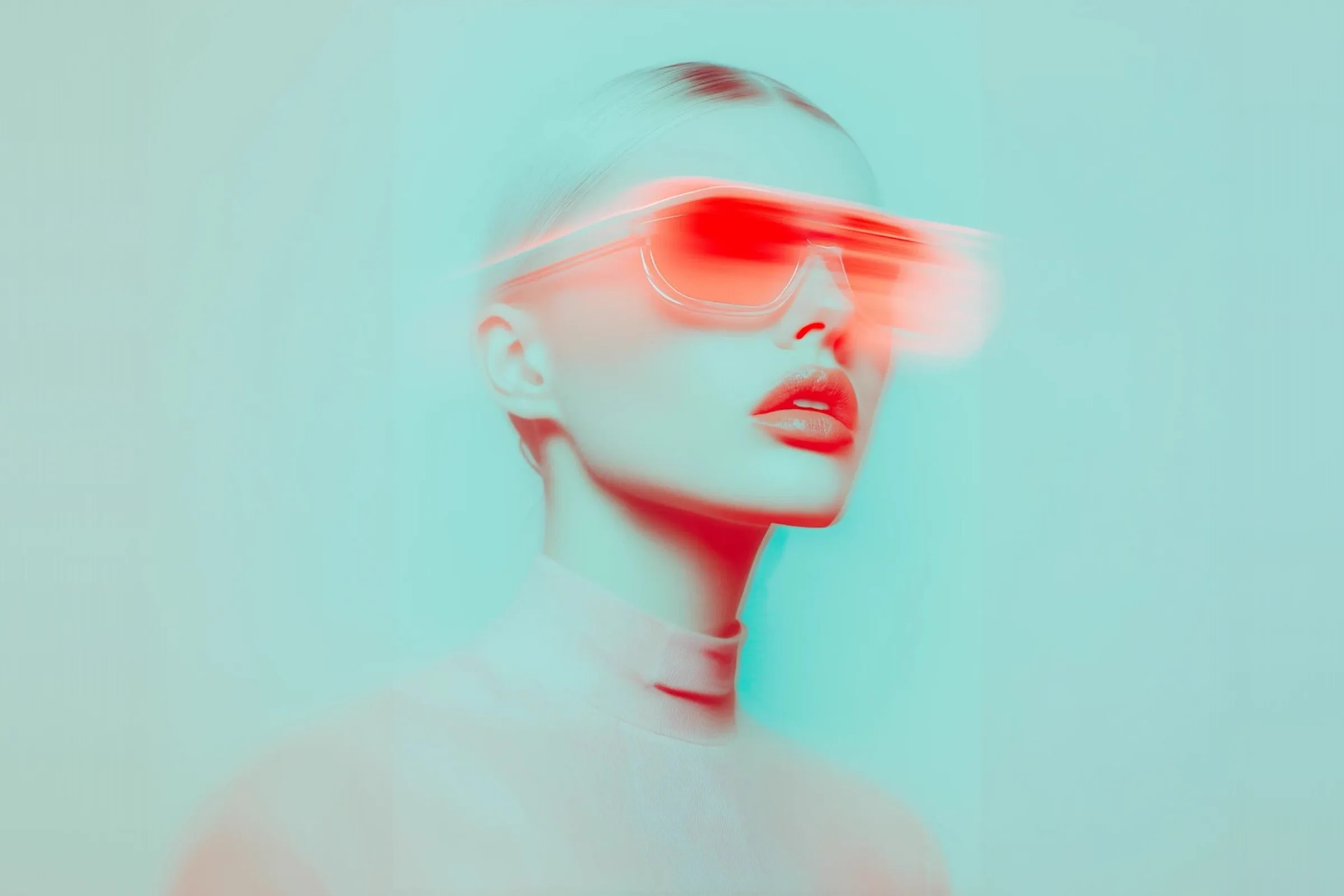 A portrait in teal and red with reflective sunglasses, from art direction work
