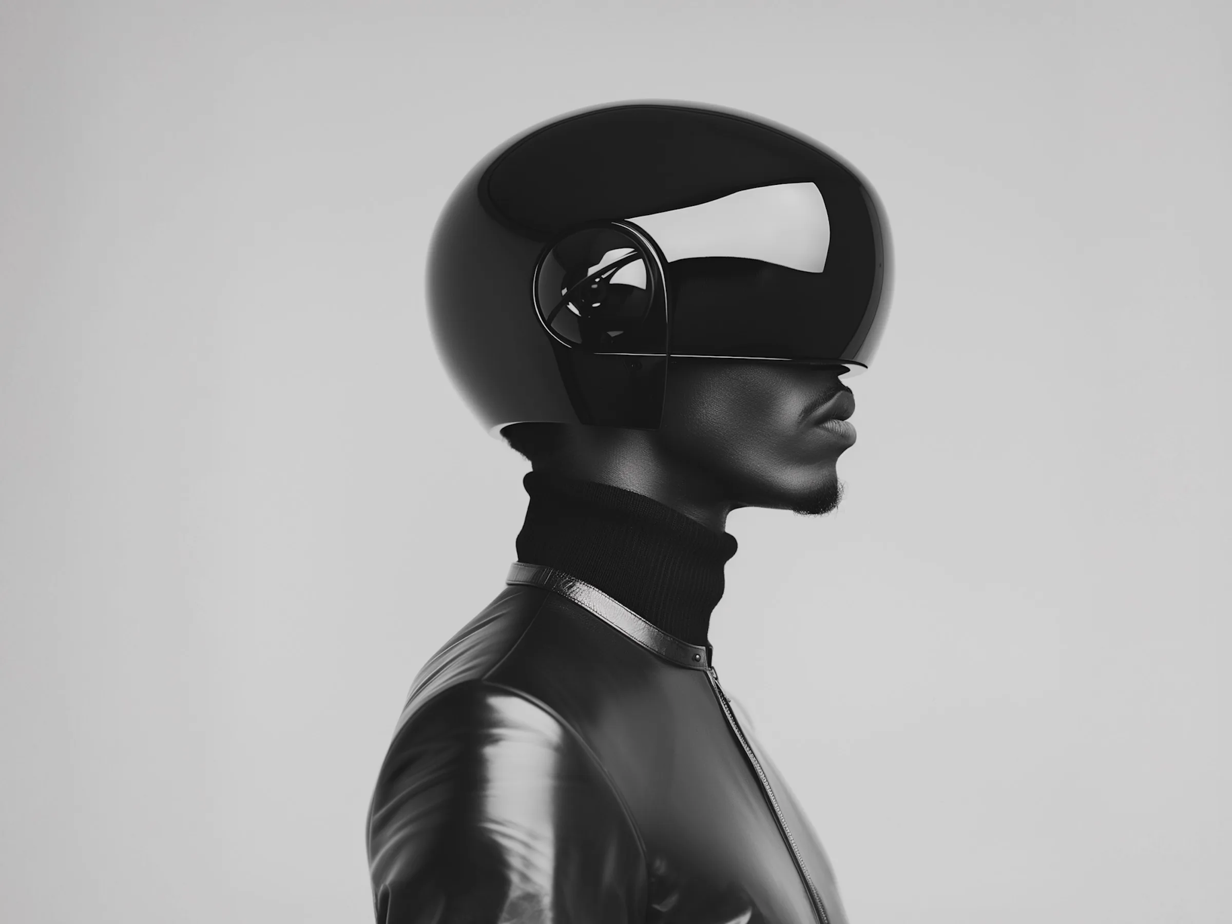 A sculptural black headpiece photographed in profile, beside our average growth figure