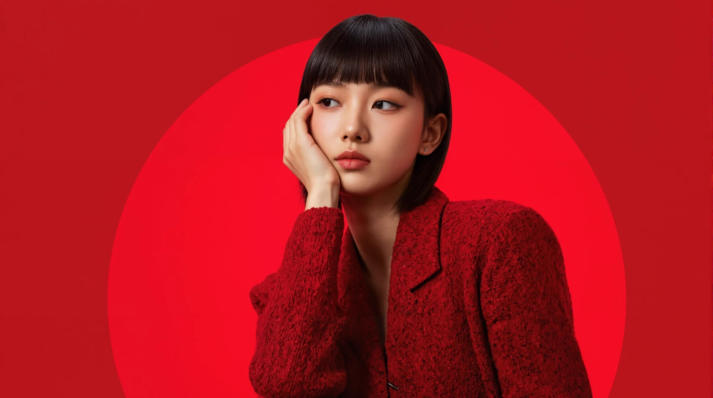 A woman in a red wool blazer against a bold red circle - the opening image of the Core And Solutions homepage, which opens our live demos