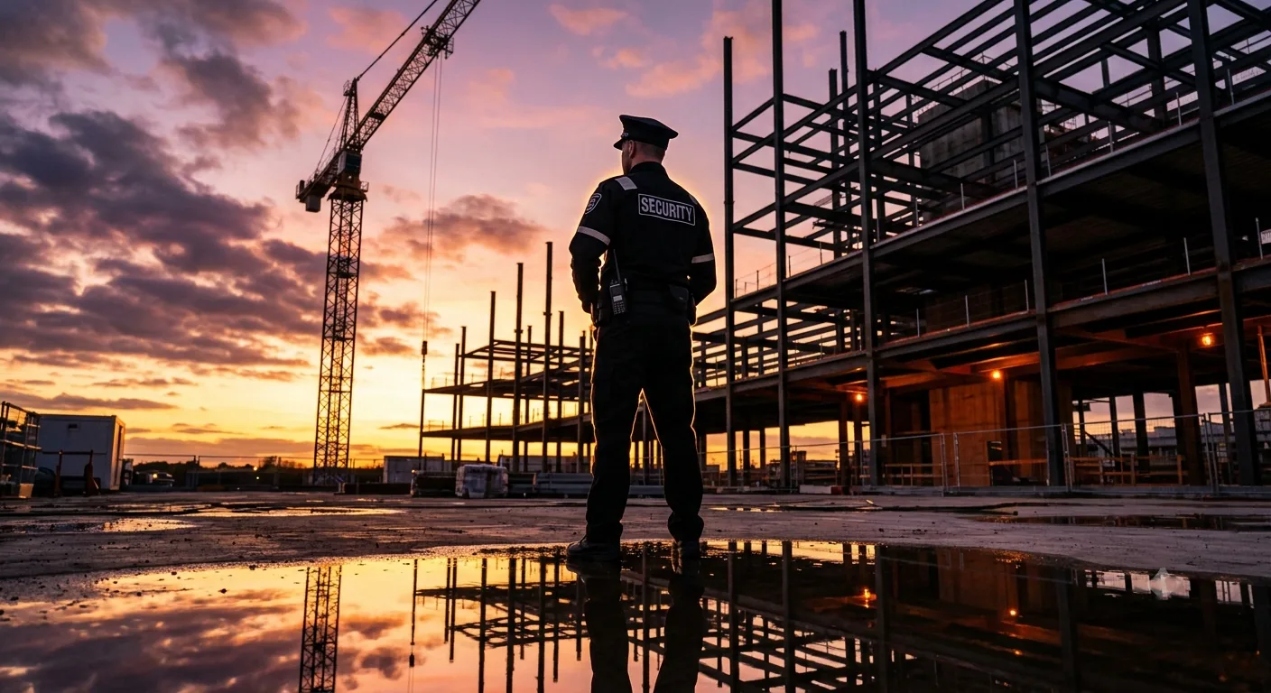 Security guard watching over a construction site at golden hour