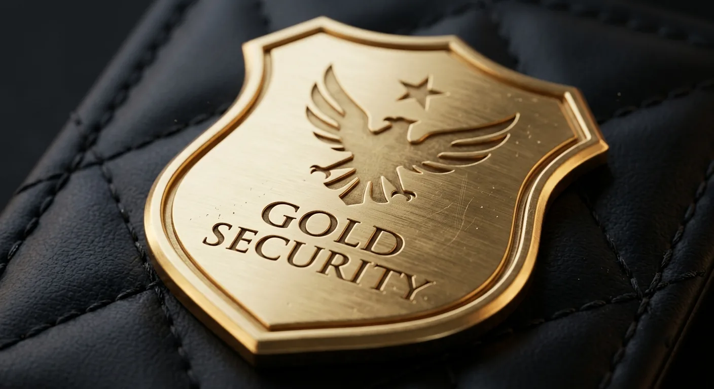 Brushed-gold AZ Gold Security shield badge on black leather