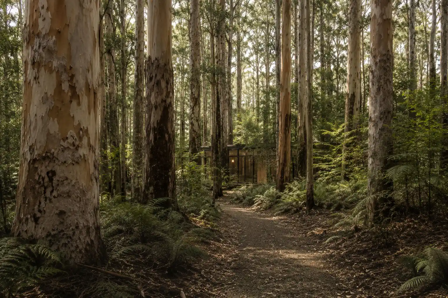 Wide angle view of house almost disappearing into the forest. 