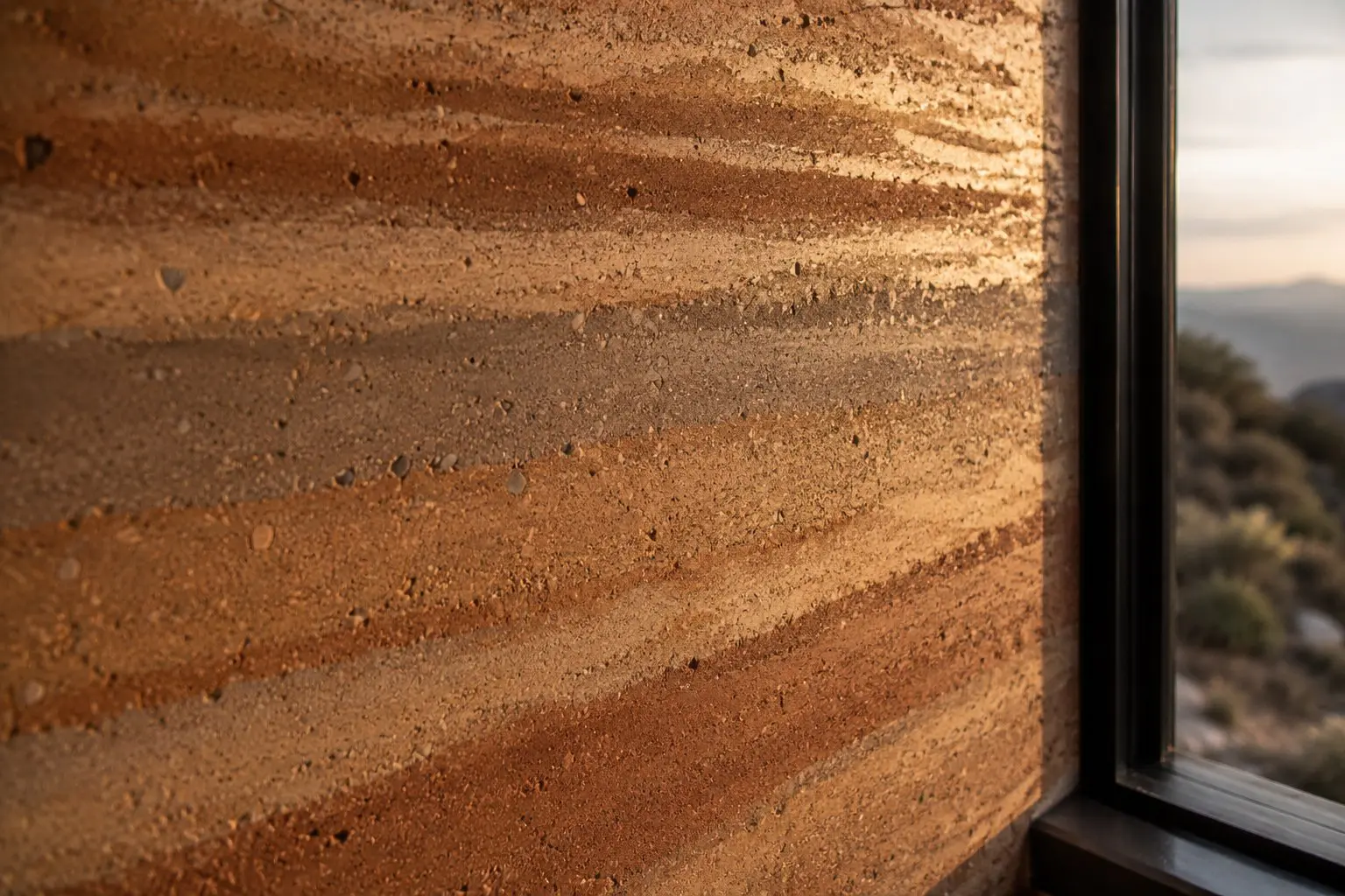 Close up of packed earth wall in newly built house 