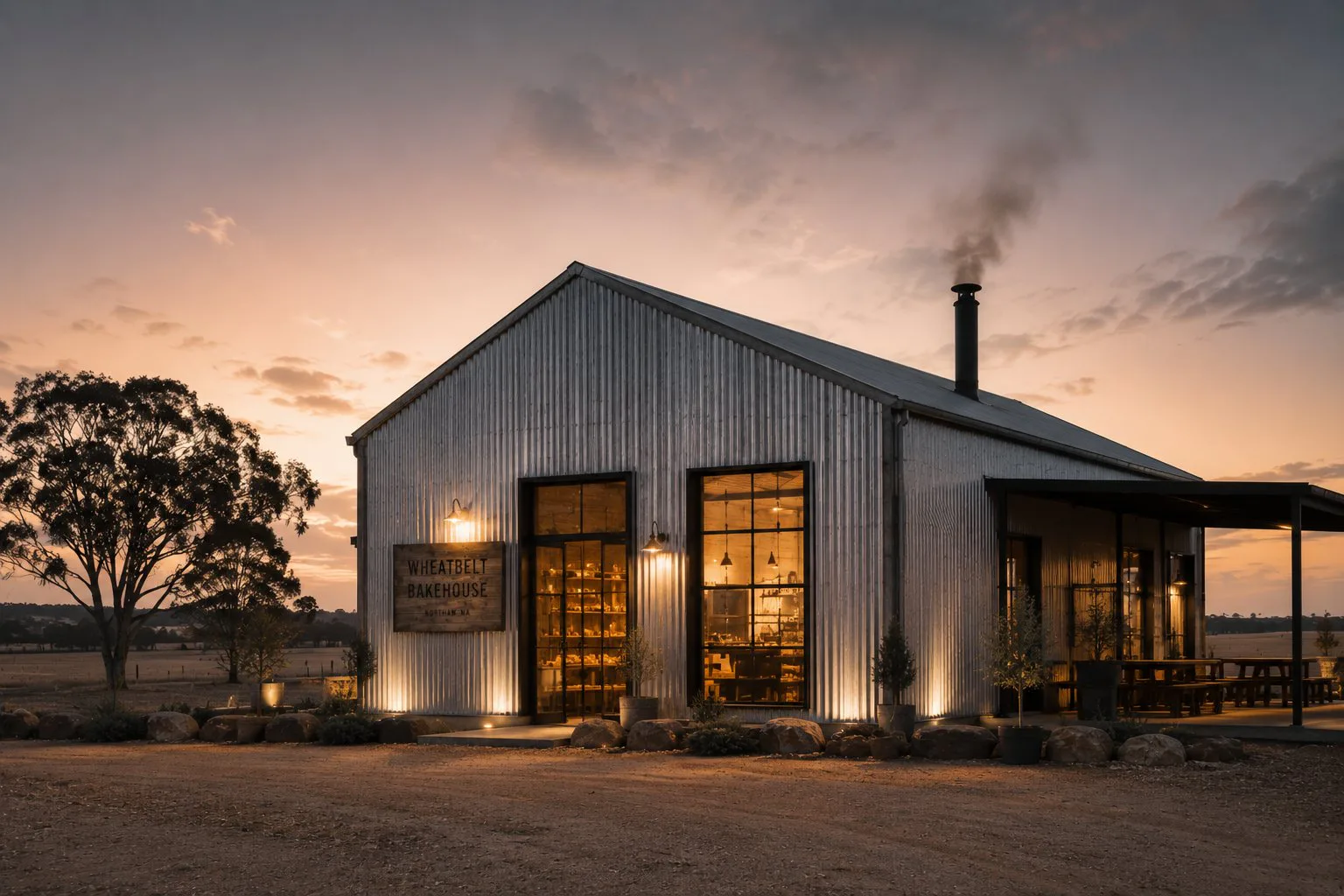 Bakehouse at sunset with warm internal lighting. 
