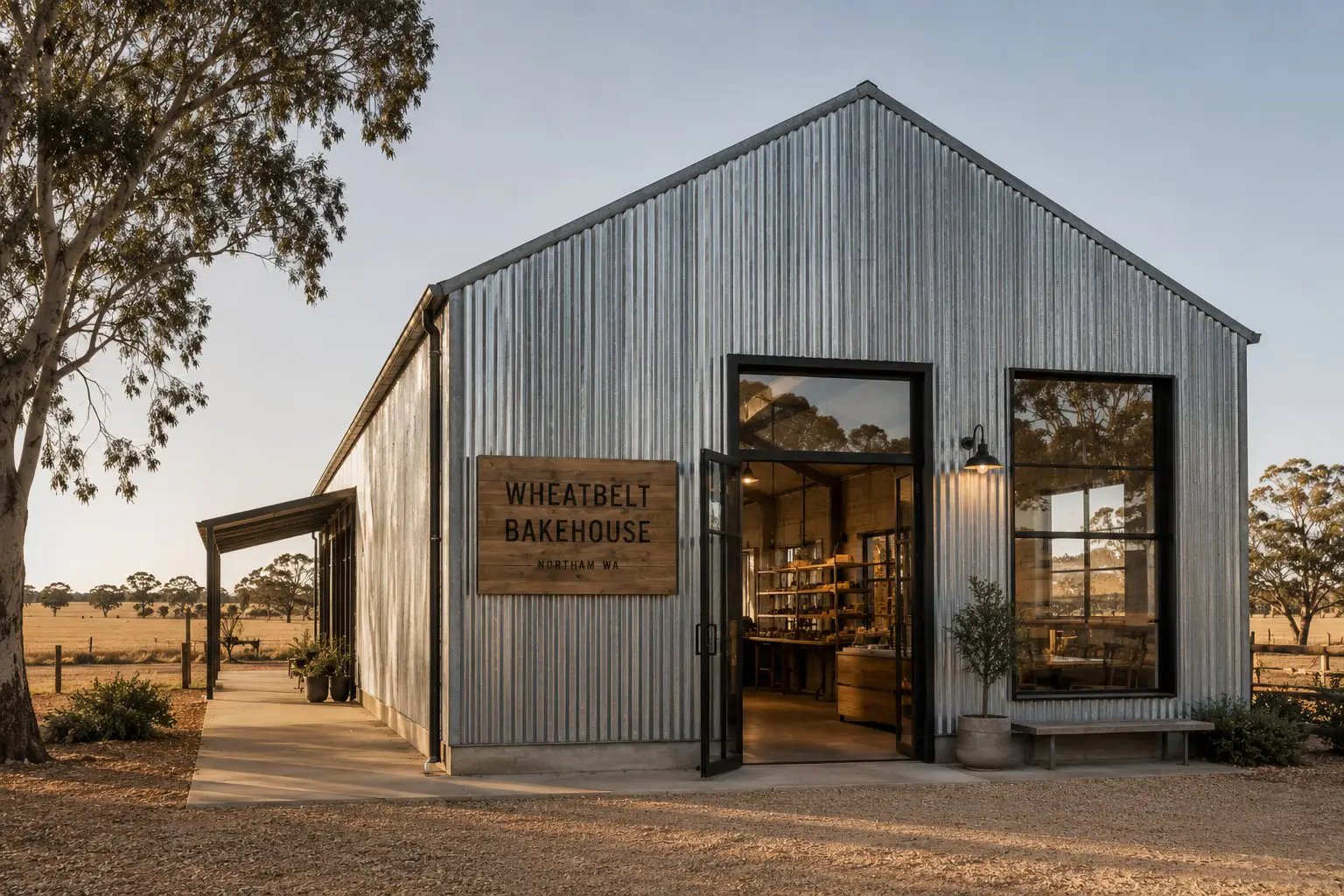 Metal clad rural bakery exterior shot. 