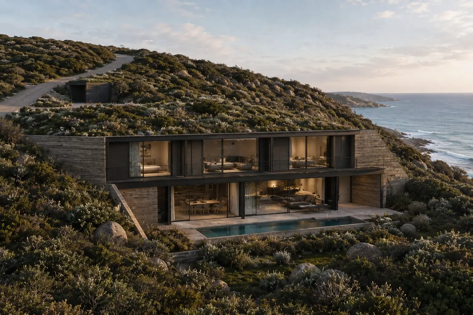 Heath house wide view with sea and green landscape 