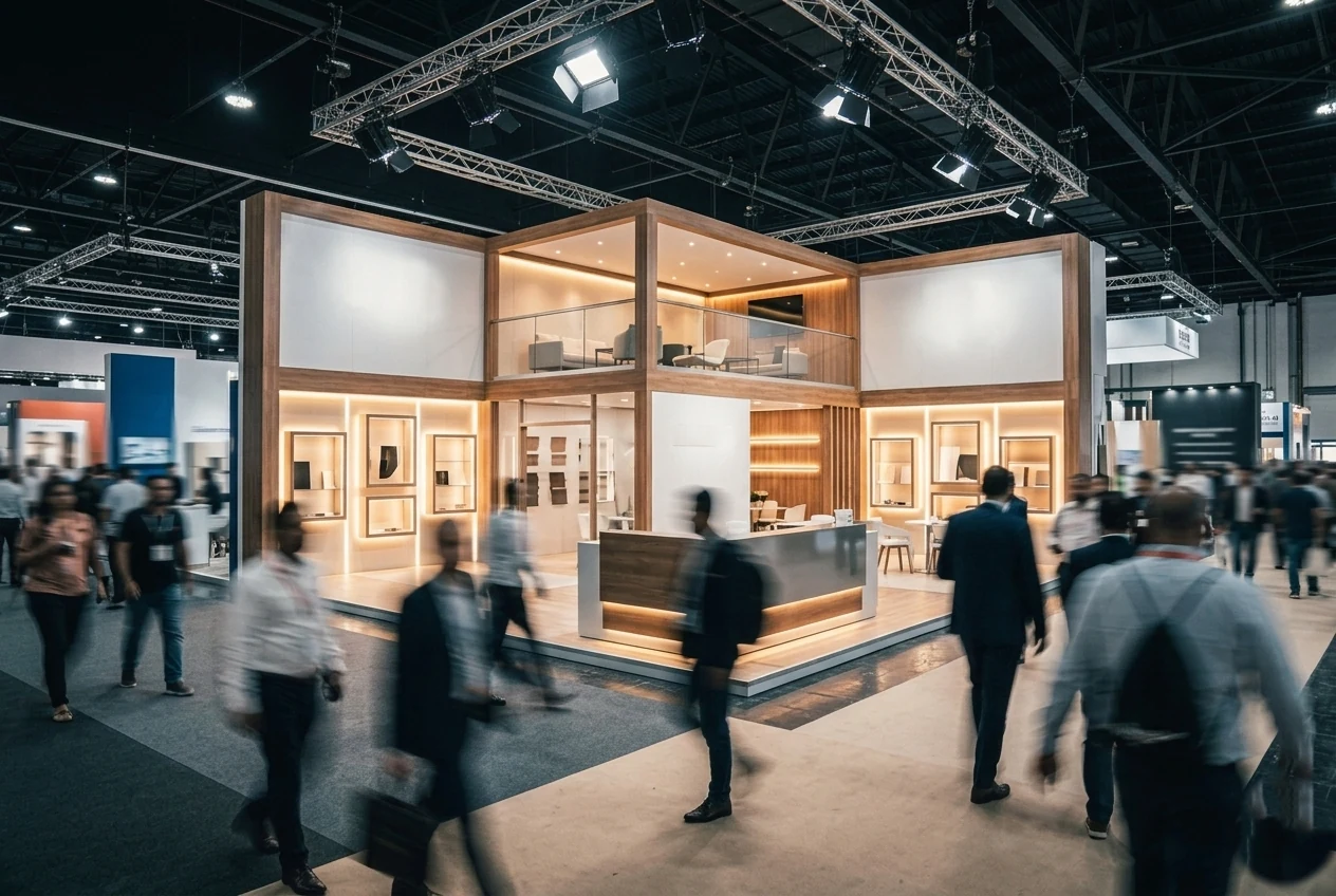 A finished double-deck exhibition stand lit on the show floor in Dubai